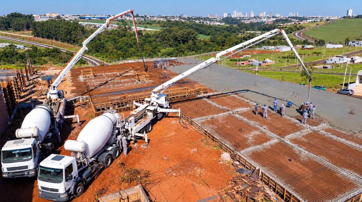 Concretagem de laje em obra de grande porte, com bombeamento de concreto usinado